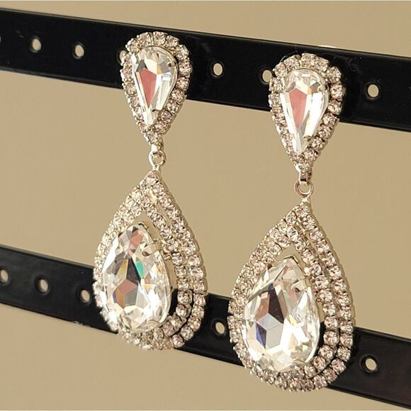 Silver Tone Earrings Crystal Double Tear Drop Earrings #0019 - Picture 3 of 8
